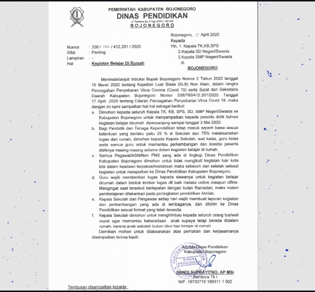 Masa Belajar di Rumah Diperpanjang Hingga 3 Mei
