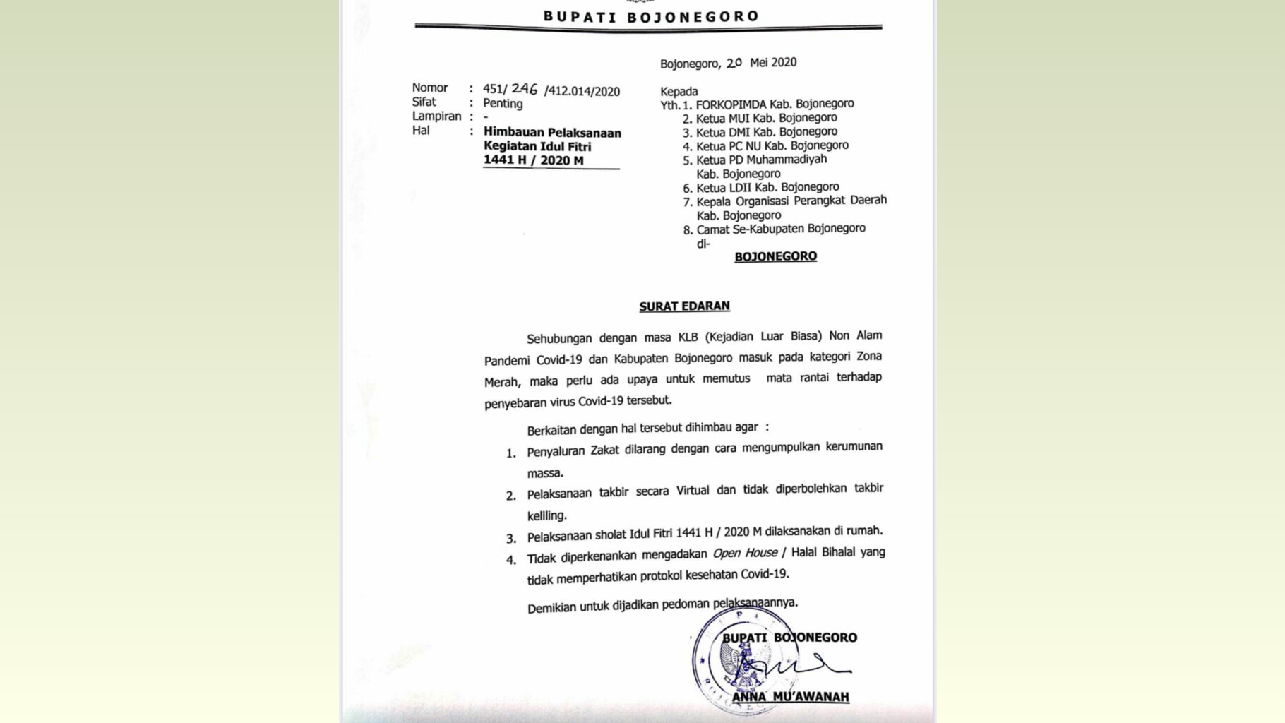 Bupati Himbau Pelaksanaan Idul Fitri Dilakukan di Rumah