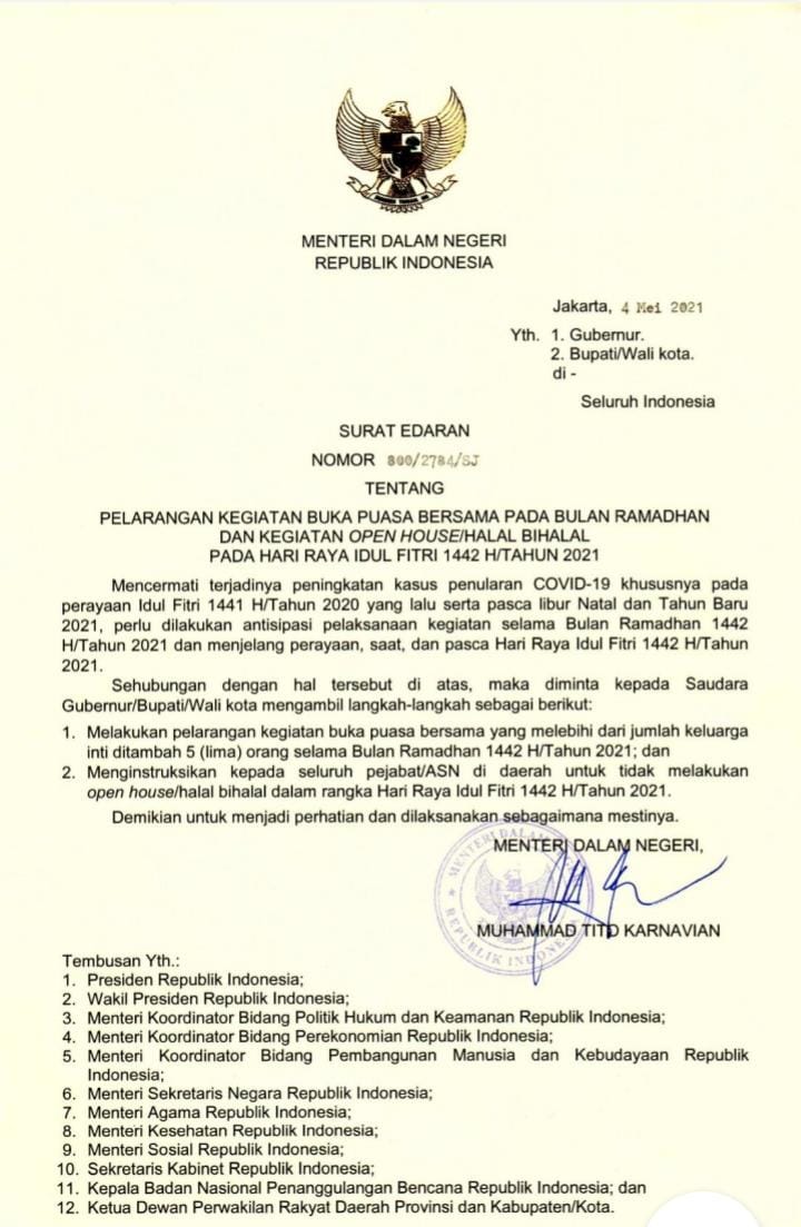 Mendagri Keluarkan SE Larangan Buka Bersama dan Open House Idul Fitri
