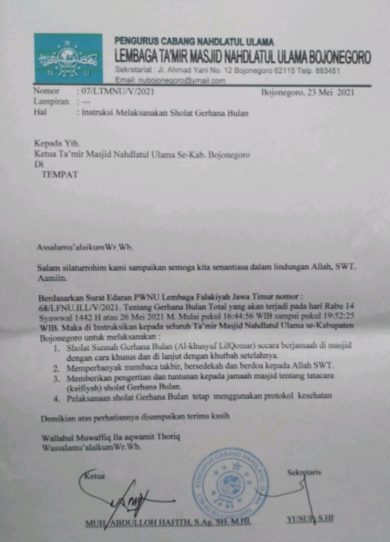 PCNU Bojonegoro Instruksikan Besok Umat Islam Salat Gerhana Bulan