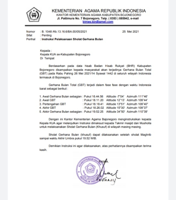 Kemenag Bojonegoro Instruksikan Salat Gerhana Bulan