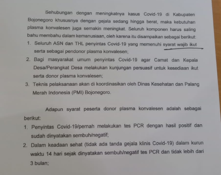 Bupati Wajibkan ASN Penyintas Covid untuk Lakukan Donor Darah