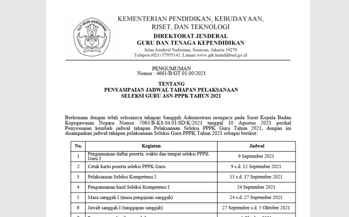Jadwal Pelaksanaan Seleksi PPPK Guru 2021