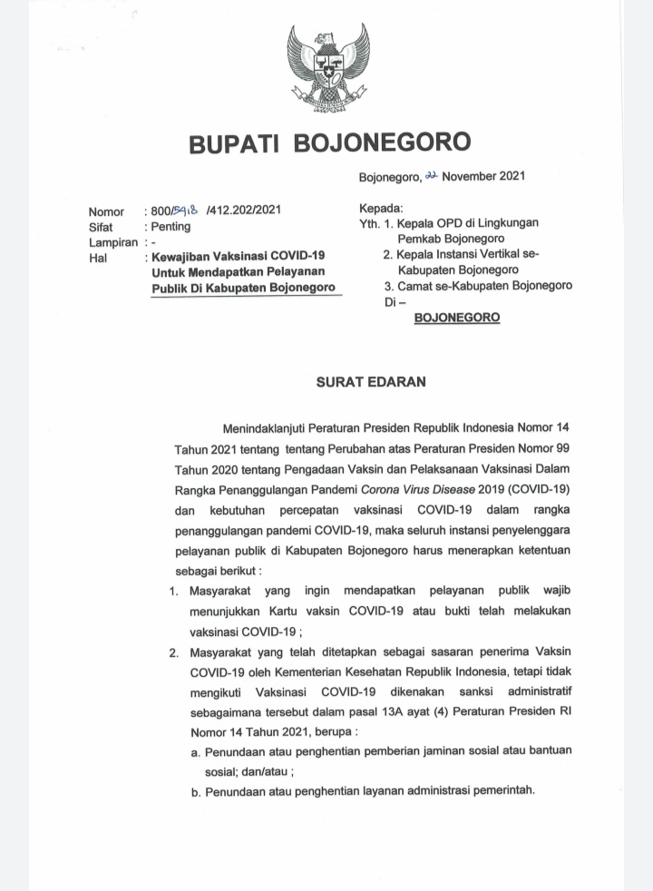 Pemkab Bojonegoro Keluarkan SE Kewajiban Vaksinasi Bagi Masyarakat