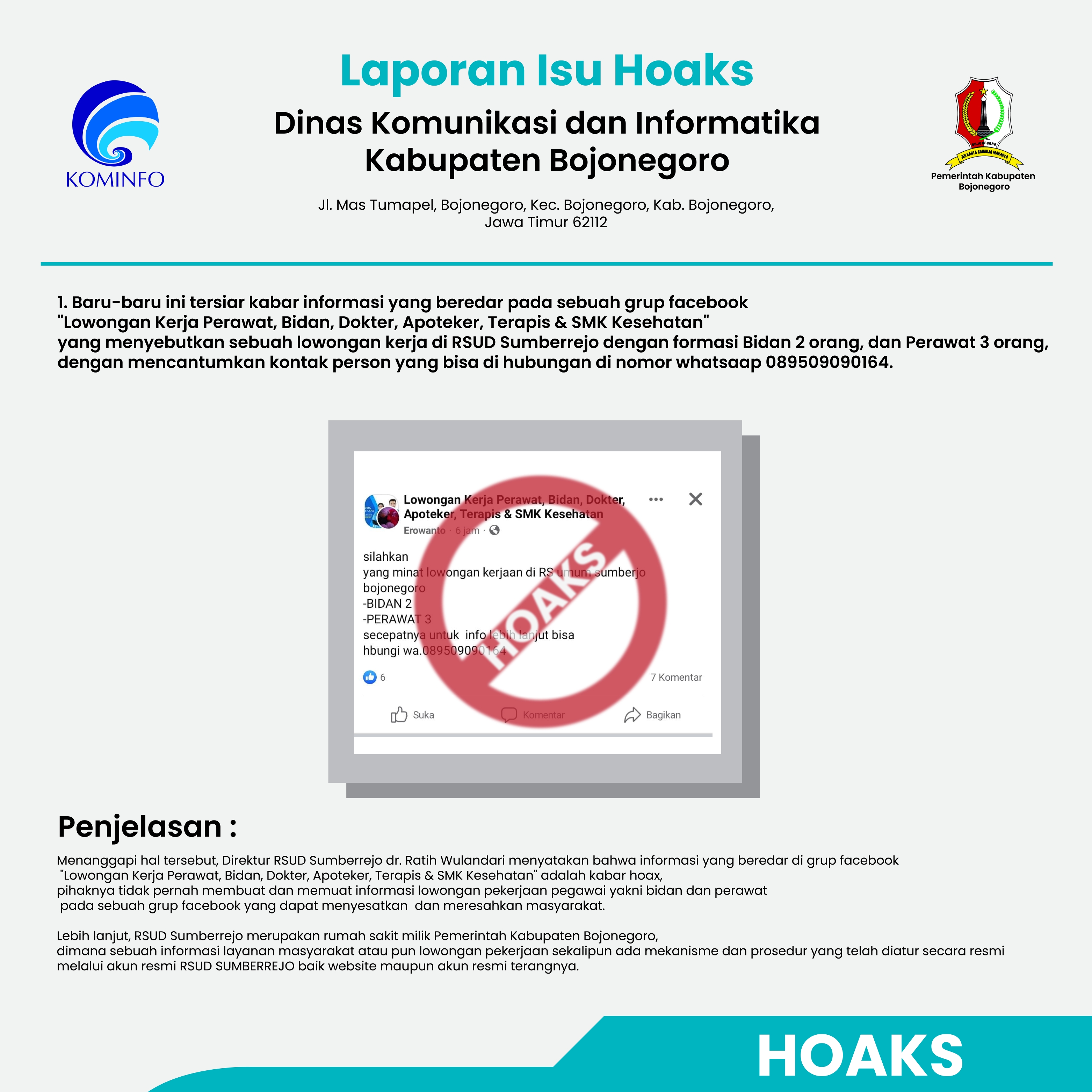 Beredar Loker Bidan dan Perawat di RSUD Sumberrejo, Pemkab Pastikan Itu Hoax