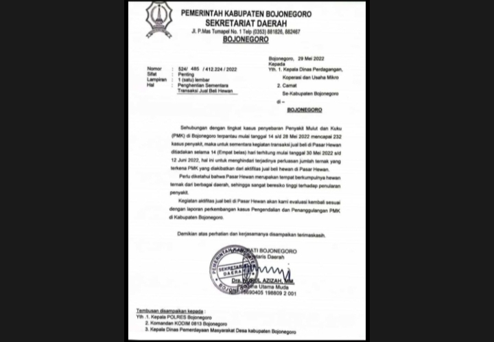 Kasus PMK di Bojonegoro Tinggi, Pemkab Tutup Sementara Pasar Hewan
