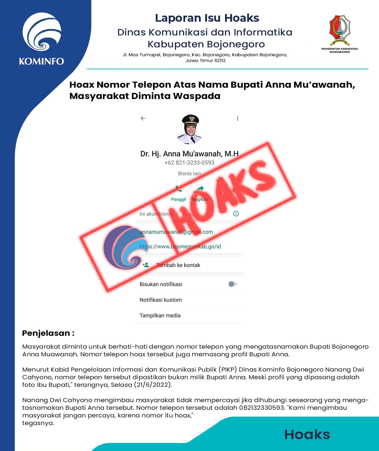 Hoaks Mengatasnamakan Nomor Bupati Bojonegoro, Masyarakat Waspada