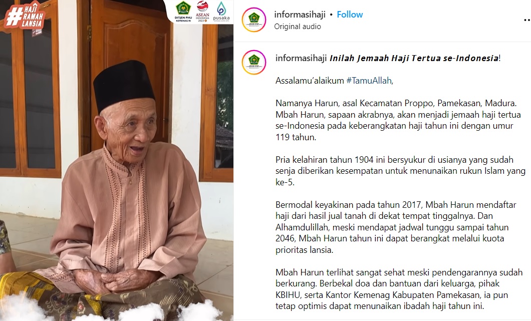 CJH Tertua di Indonesia Usia 119 Tahun, Akui Sering Konsumsi Air Hangat