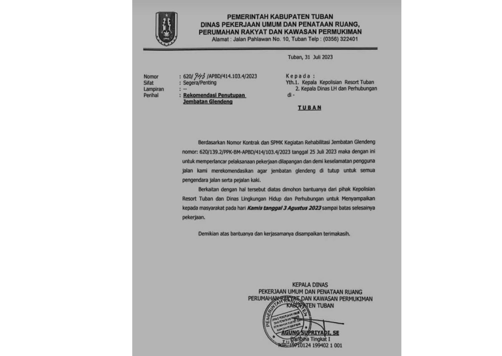 3 Agustus Nanti Jembatan Glendeng Bakal Ditutup? Begini Respon Dishub Bojonegoro