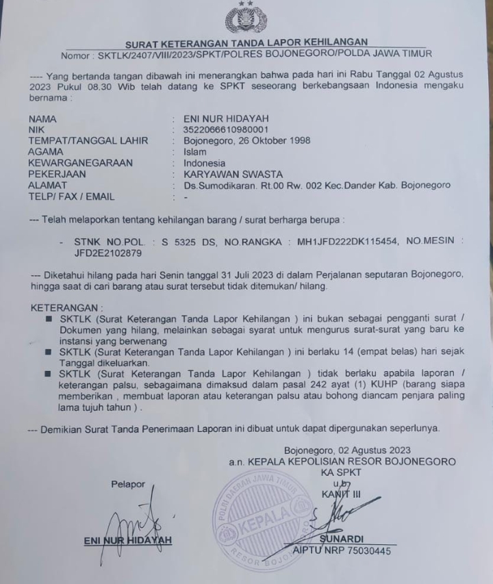 Warga Sumodikaran Kehilangan STNK Motor, Ini Detailnya!!