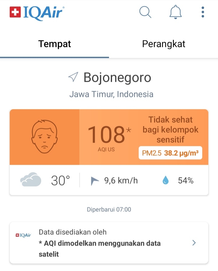 Tampilan IQAir Tunjukkan Kualitas Udara di Bojonegoro Cukup Buruk, BMKG Imbau Ini