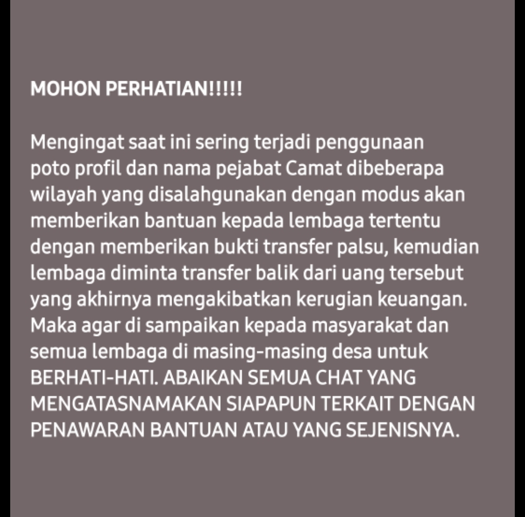 Banyak Teror Minta Transfer, Camat Kasiman Beri Imbauan