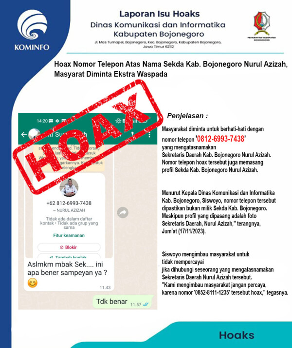 Waspada Hoaks Mengatasnamakan Sekda Bojonegoro Terkait Lelang Kendaraan Bermotor