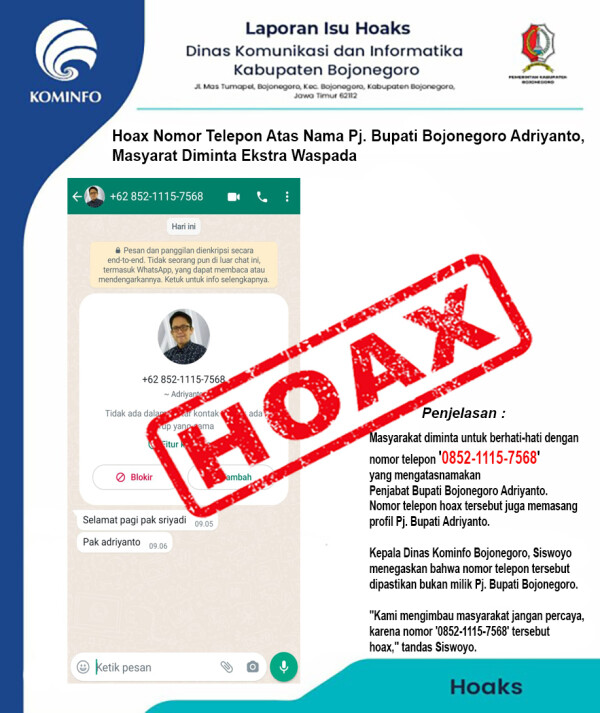 Waspada Hoaks Akun WhatsApp Mengatasnamakan Pj Bupati Bojonegoro