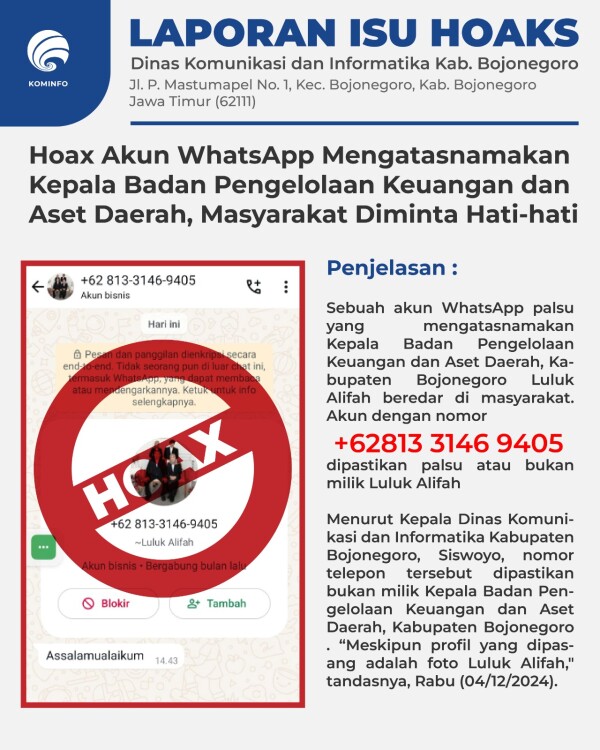Pemkab Bojonegoro Imbau Warga Waspada terhadap Akun WhatsApp Palsu yang Mengatasnamakan Kepala BPKAD