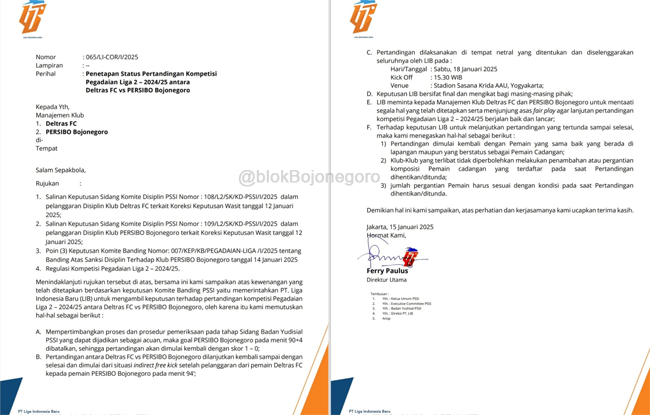 Ha....! Beredar Surat LIB Lanjutkan Laga Deltras Vs Persibo