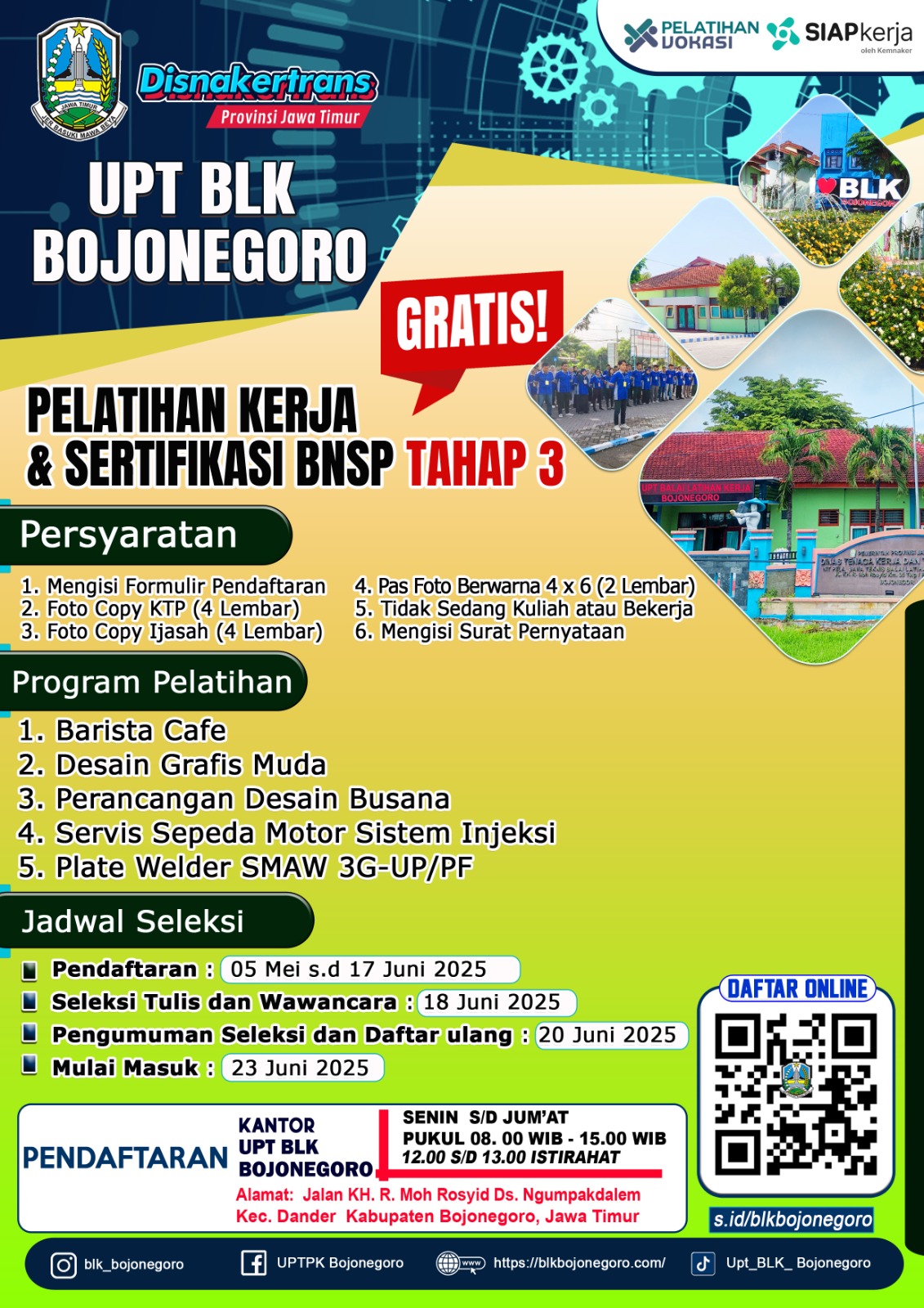 Gratis..! UPT BLK Bojonegoro Buka Pendaftaran Pelatihan Kerja dan Sertifikasi BNSP Tahap 3