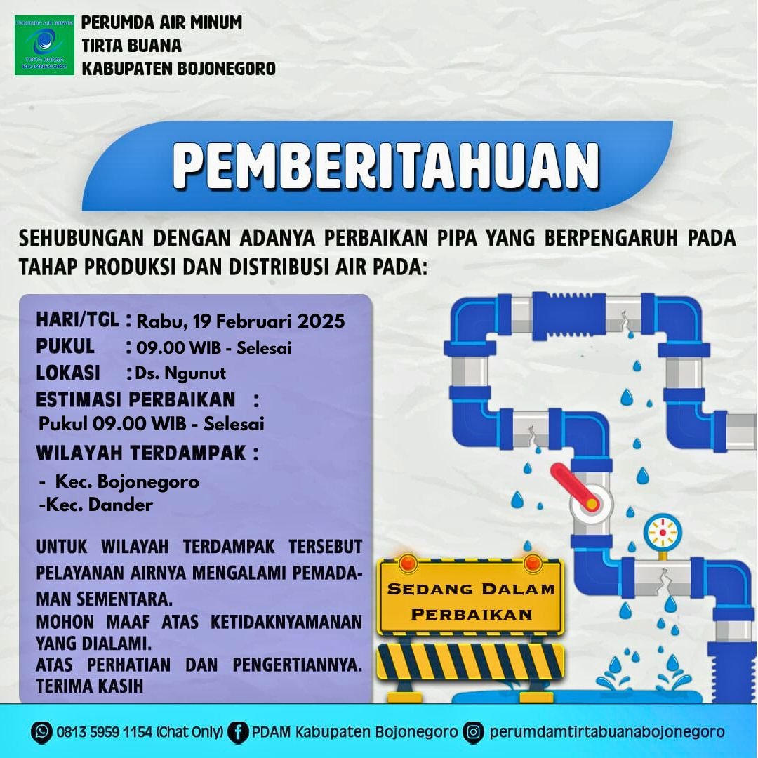 Siap-Siap Ada Perbaikan Pipa, Besok Layanan Air Kecamatan Bojonegoro dan Dander Sementara Off