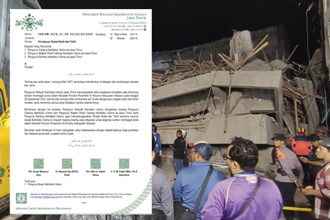 Musibah di Ponpes Al Khoziny, PWNU Jatim Himbau Warga NU se Jatim Salat Ghaib