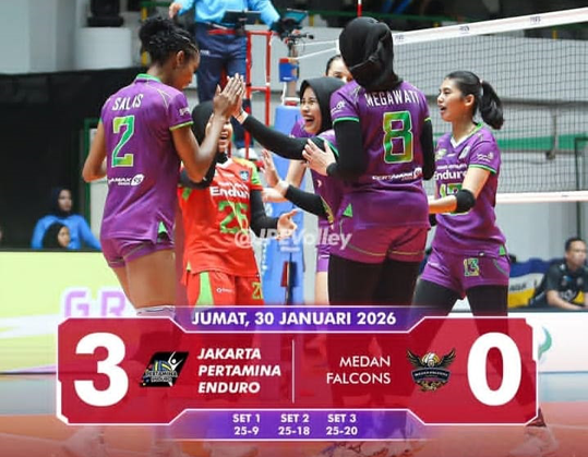 Proliga 2026 Putri: Megatron Mengamuk, Pertamina Enduro Hajar Medan Falcons 3-0