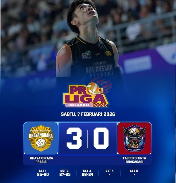 Hasil Proliga 2026 Putra: Bhayangkara Presisi Menang 3-0 atas Falcons Tirta Bhagasasi