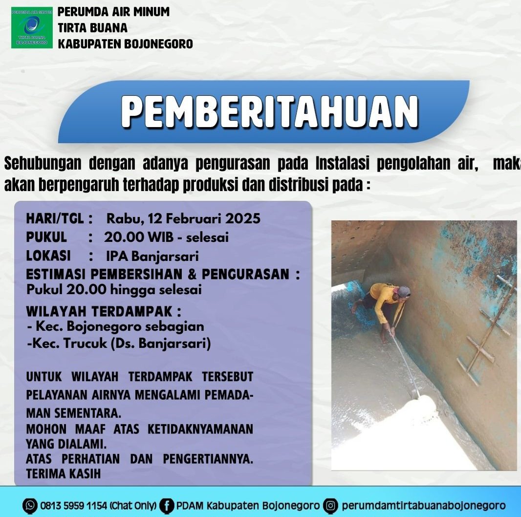 Perawatan Rutin IPA Banjarsari, Layanan Air Sebagian Kecamatan Bojonegoro dan Banjarsari Sementara Off