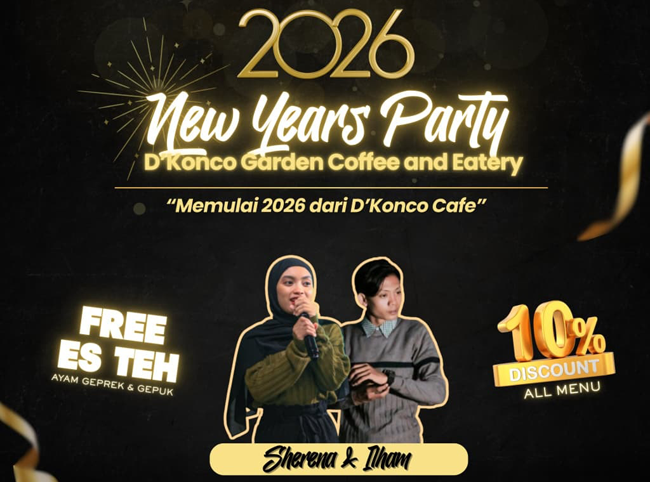 Malam Tahun Baru D'Konco Cafe, Diskon 10 Persen, Live Musik, Pesta Terompet dan Kembang Api