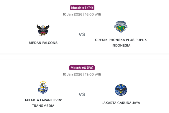 Jadwal Hari Ini Proliga 2026, Medan Falcons Vs Gresik Phonska dan LavAni Livin Vs Garuda Jaya