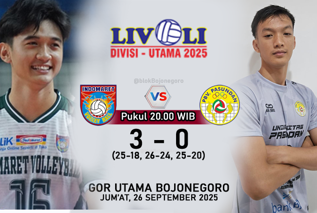 Telak 3-0, Indomaret Sidoarjo Kalahkan Pasundan di GOR Bojonegoro