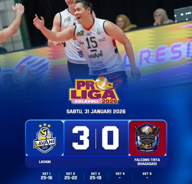 Hasil Proliga 2026 Putra: LavAni Menang 3-0 atas Falcons Tirta Bhagasasi