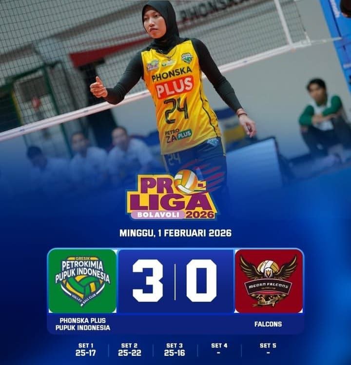 Hasil Proliga 2026 Putri: Gresik Phonska Plus Hajar Medan Falcons 3-0